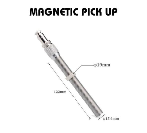 Magnetic pick-up tool with dimensions 122mm length, 19mm diameter at the top, and 15.6mm diameter at the bottom